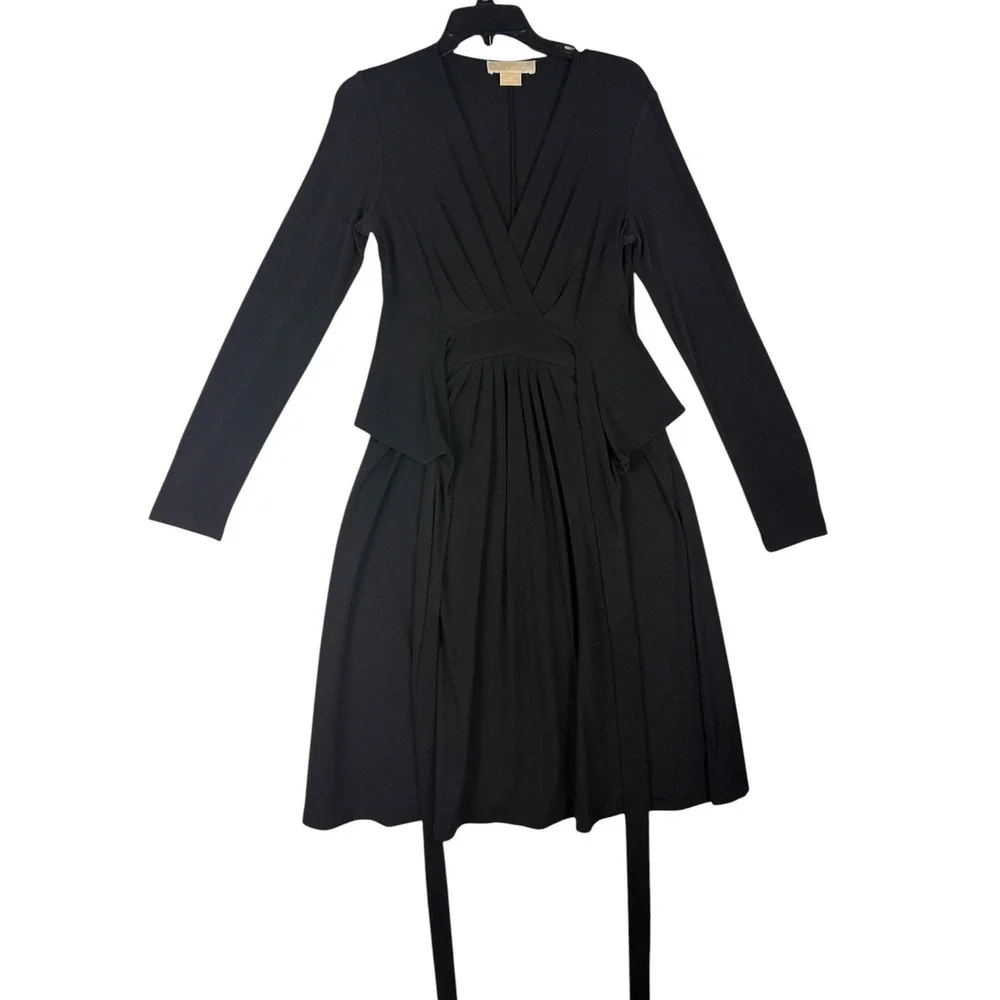 Michael Kors Black Long Sleeve Faux Wrap Pleated Fit & Flare Dress Size 6 LBD